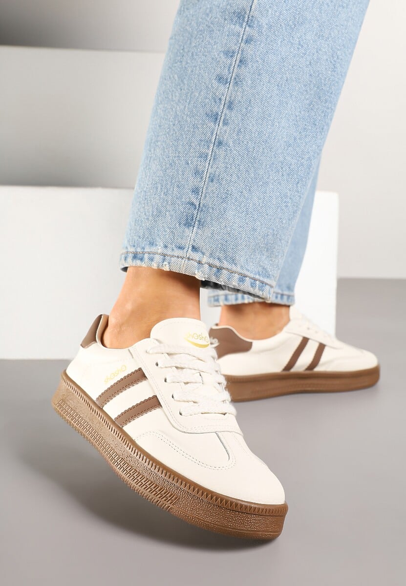 Beżowo-Brązowe Sneakersy Sportowe z Ozdobnymi Paskami i Przeszyciami Wenilan 2
