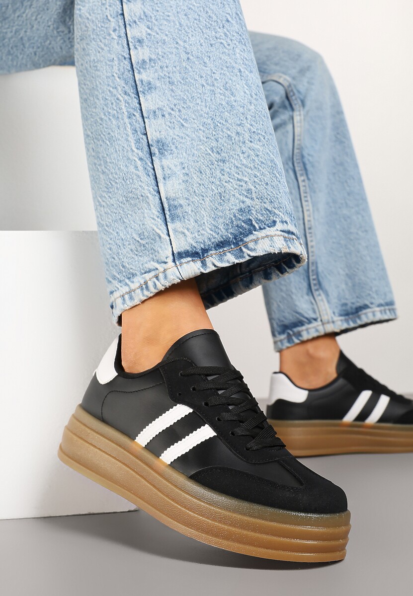 Czarne Sneakersy w Stylu Tenisówki z Paskami Hirnelia 2