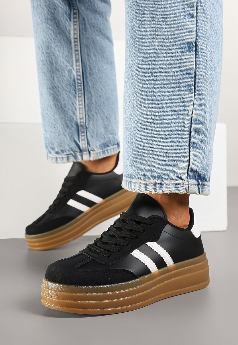 Czarne Sneakersy w Stylu Tenisówki z Paskami Hirnelia 3