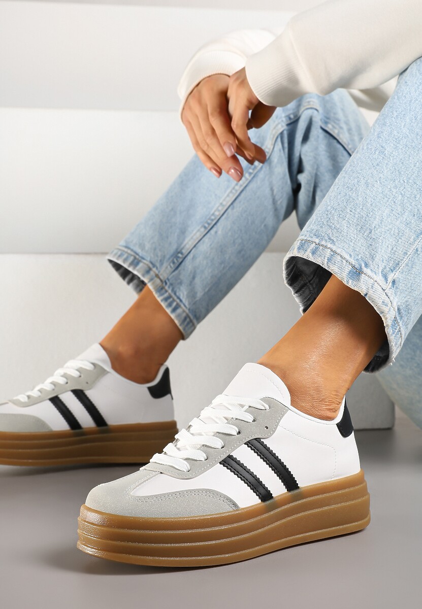 Biało-Czarne Sneakersy w Stylu Tenisówki z Paskami Hirnelia 1