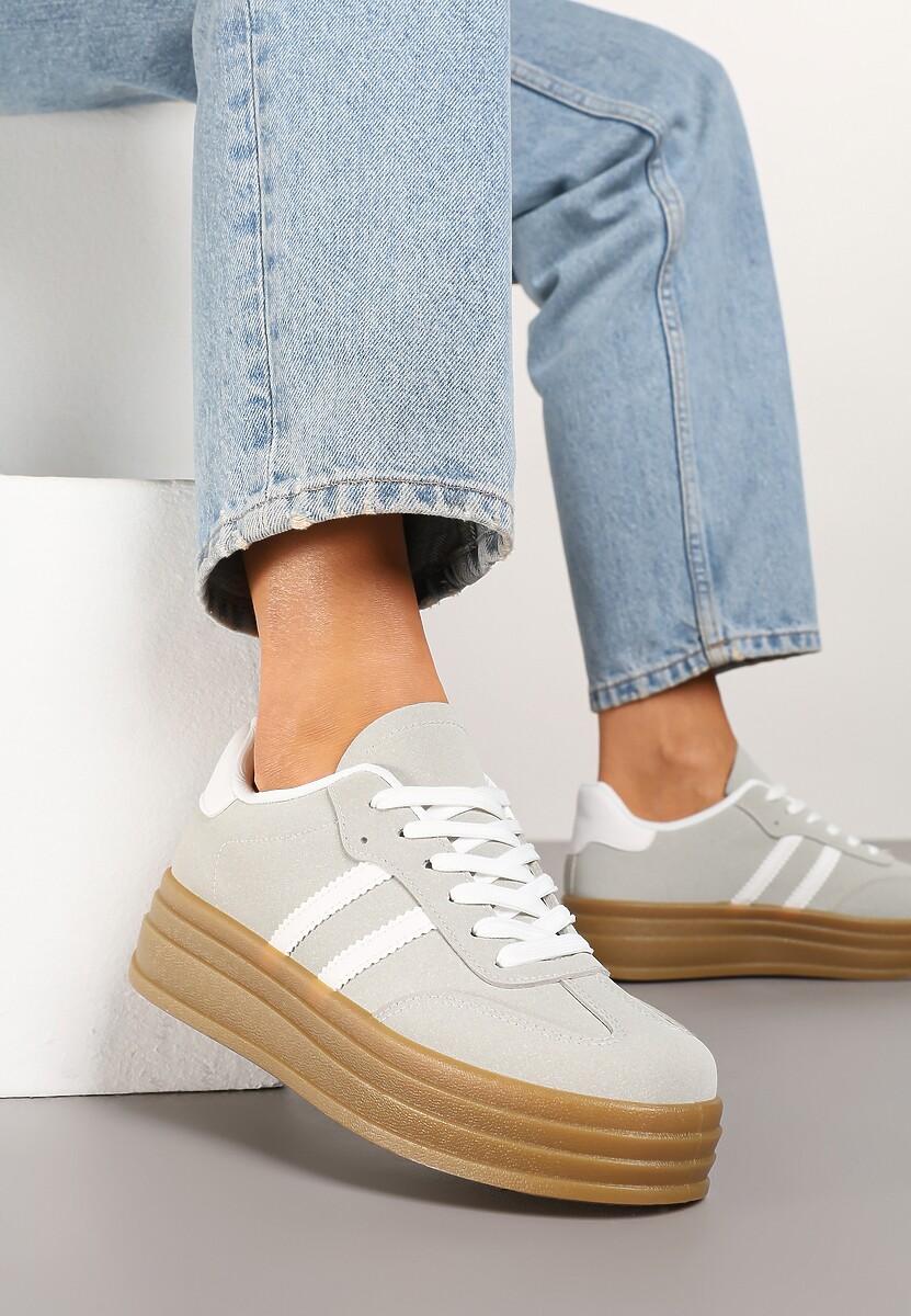 Beżowo-Szare Sneakersy w Stylu Tenisówki z Paskami Hirnelia 2