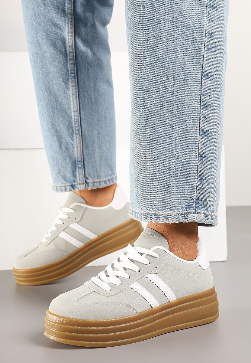 Beżowo-Szare Sneakersy w Stylu Tenisówki z Paskami Hirnelia 3