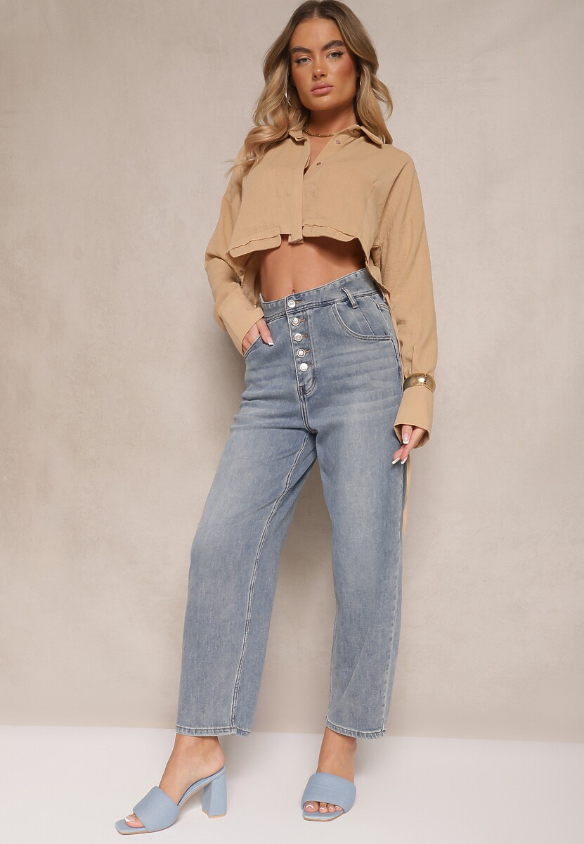 Niebieskie Jeansy High Waist z Bawełną o Kroju Mom Fit Efalina 1