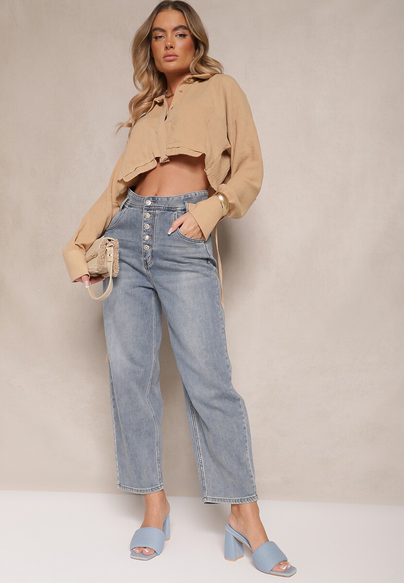 Niebieskie Jeansy High Waist z Bawełną o Kroju Mom Fit Efalina 2