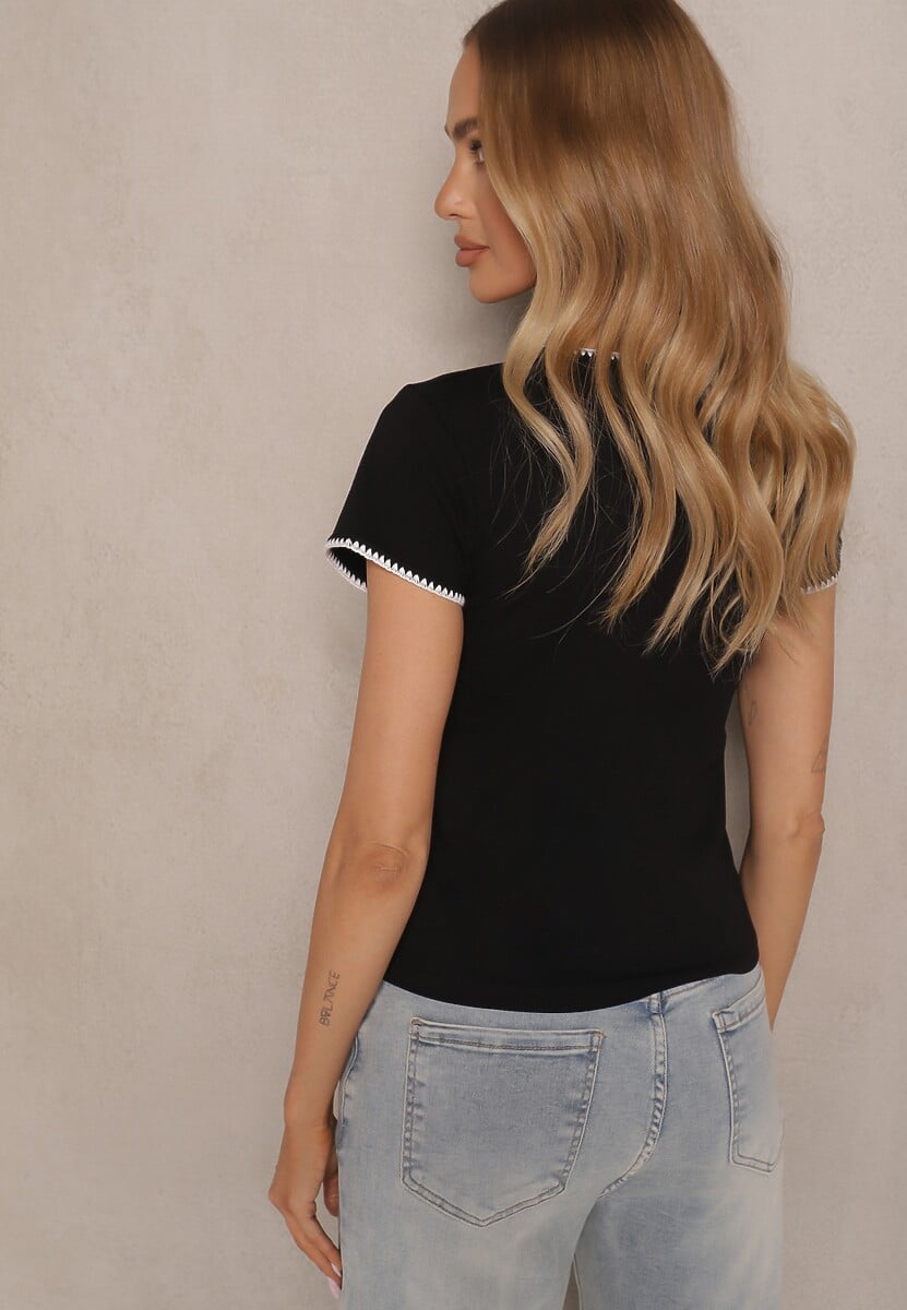 Czarny T-shirt z Bawełny z Ozdobną Lamówką Elanicea 3