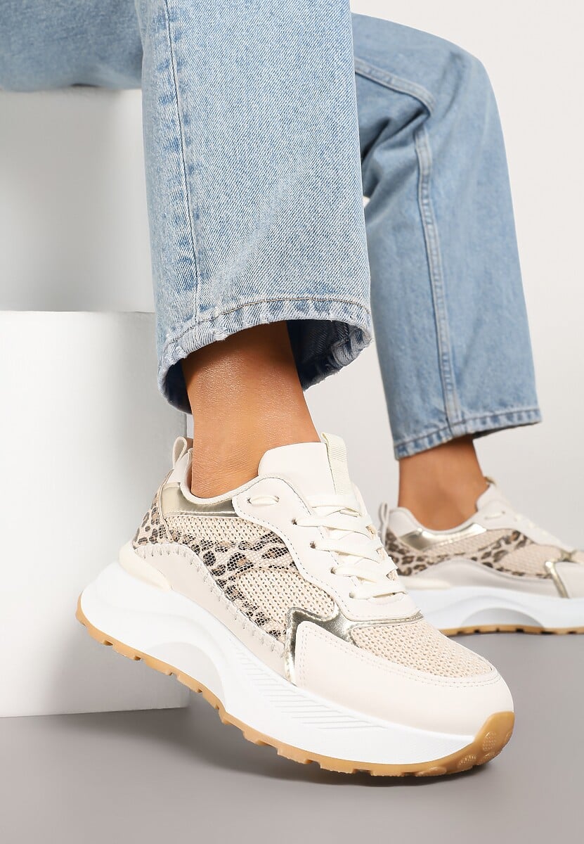 Beżowe Sneakersy na Platformie Ozdobione Metalicznym Zdobieniem i Wzorem w Panterkę Worsemi