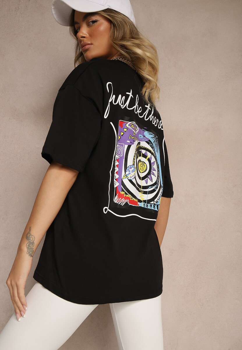 Czarny T-shirt Koszulka z Bawełny Ozdobiona Nadrukiem i Napisem Just Be There Felena 1