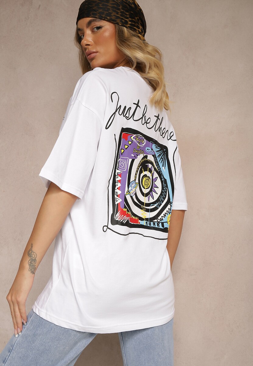 Biały T-shirt Koszulka z Bawełny Ozdobiona Nadrukiem i Napisem Just Be There Felena 1