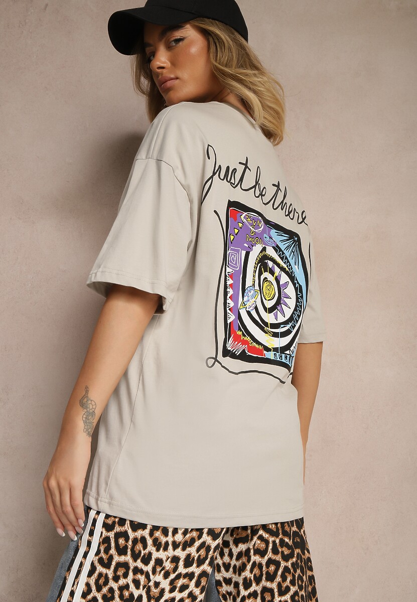 Beżowy T-shirt Koszulka z Bawełny Ozdobiona Nadrukiem i Napisem Just Be There Felena 1
