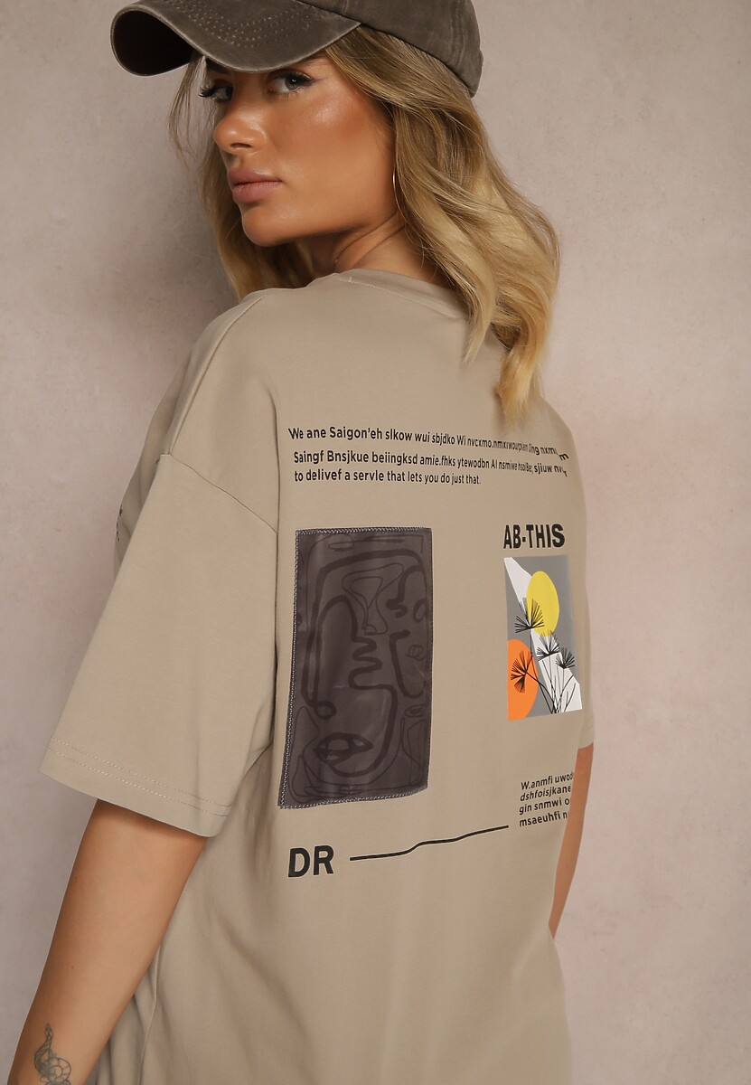 Beżowa T-shirt Koszulka   Bawełniana z Nadrukiem Berriana 3
