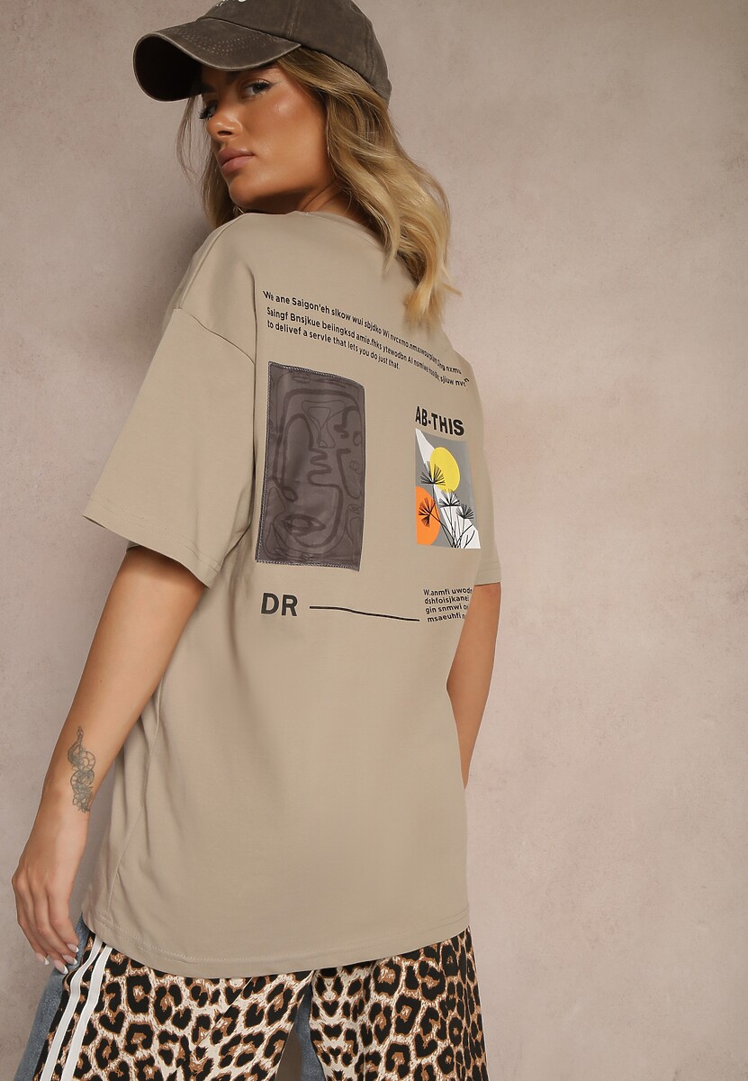 Beżowa T-shirt Koszulka   Bawełniana z Nadrukiem Berriana 1