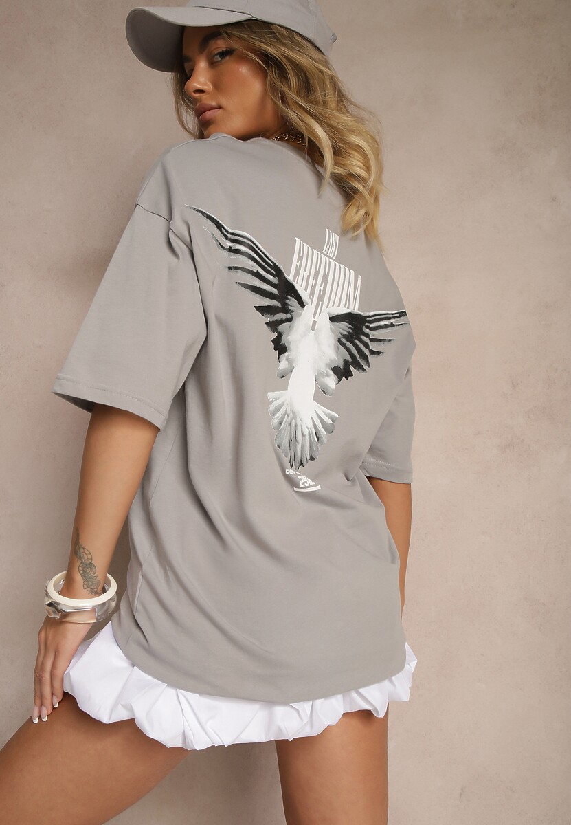 Szara Koszulka T-shirt Ozdobiona Nadrukiem na Plecach Arilora 1