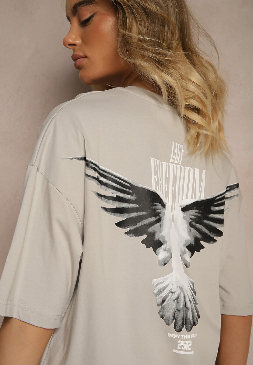 Beżowa Koszulka T-shirt Ozdobiona Nadrukiem na Plecach Arilora 3