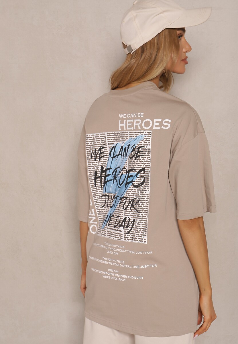 Beżowa Bawełniana  Koszulka T-shirt z Nadrukiem na Tyle i Napisami Danilaria 3