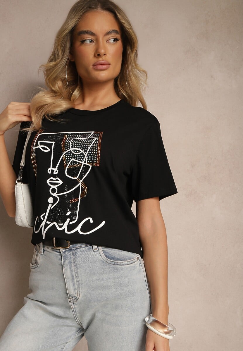 Czarny T-shirt z Bawełny Ozdobiony Cyrkoniami i Nadrukiem Canilea 2