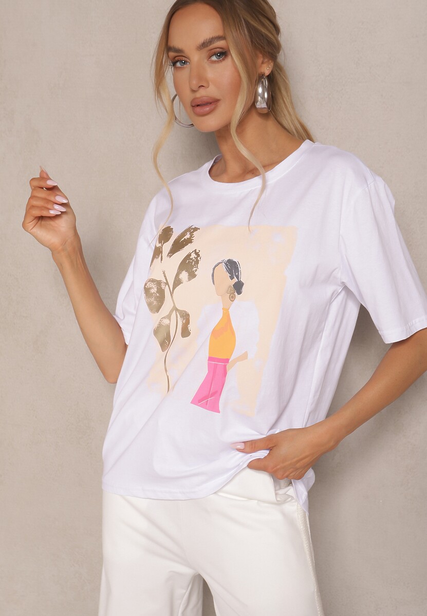 Biały T-shirt Oversize z Bawełny z Ozdobnym Nadrukiem Danilna 2