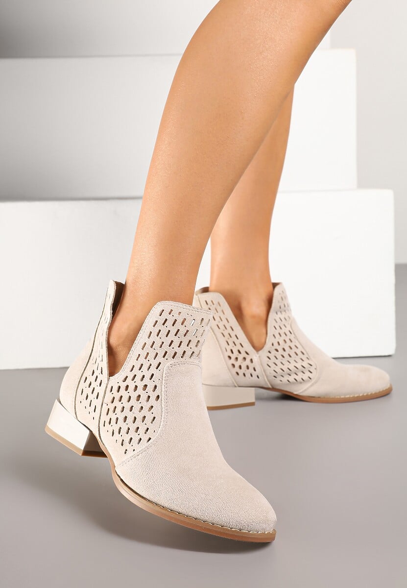 Beżowe Botki z Ażurowymi Wycięciami i Skórzaną Wkładką Efamalia 1