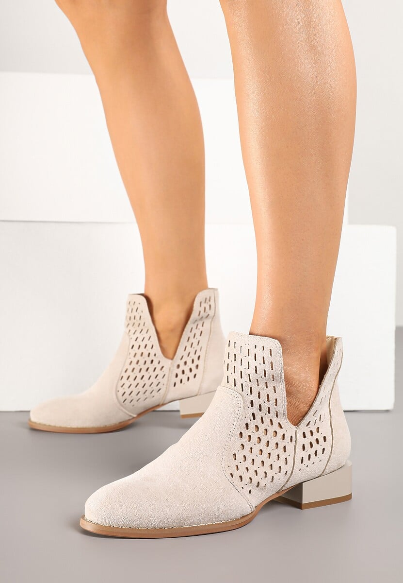 Beżowe Botki z Ażurowymi Wycięciami i Skórzaną Wkładką Efamalia 2