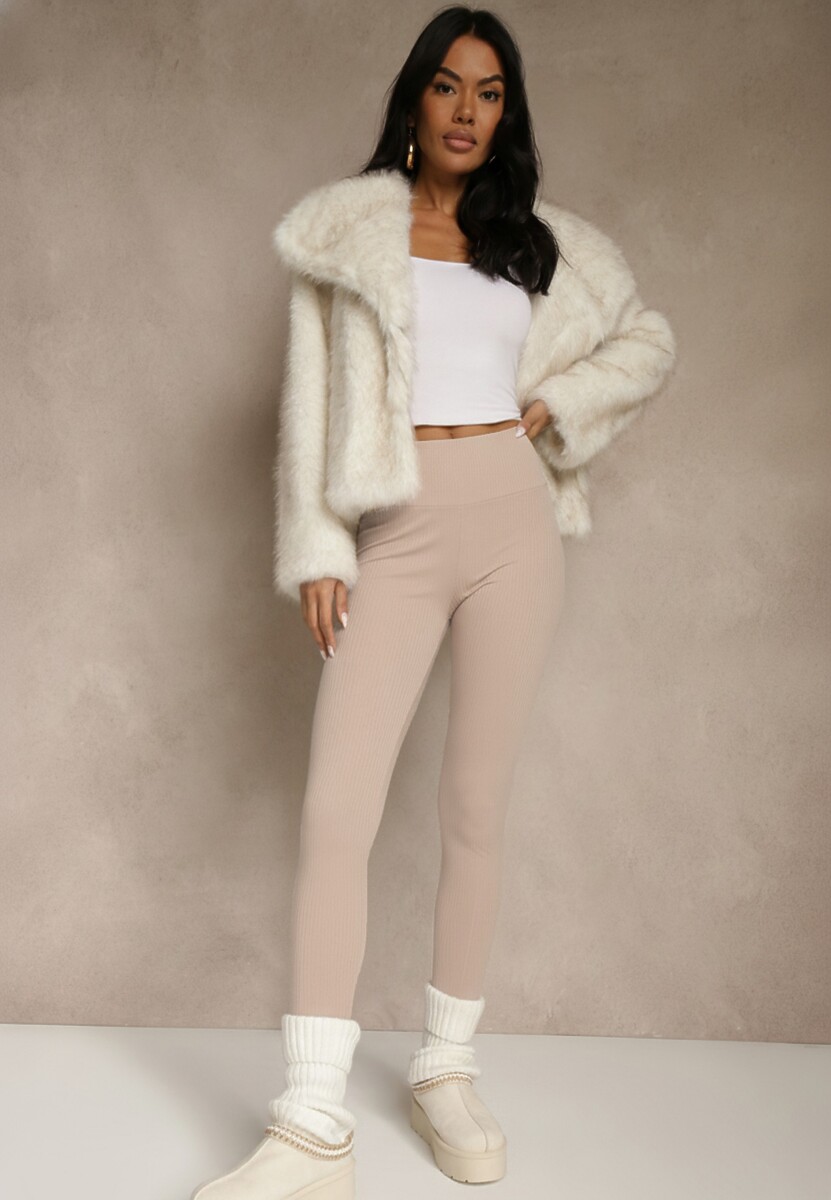 Beżowe Legginsy z Prążkowanej Tkaniny z Szeroką Gumką w Pasie Lanoriae 1