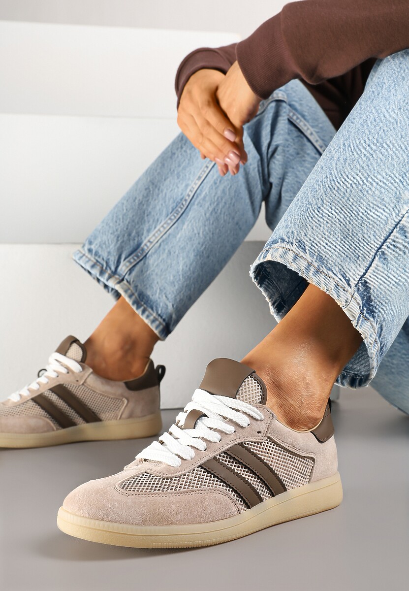 Beżowo-Brązowe Sneakersy w Stylu Tenisówek ze Skóry Naturalnej z Paskami Ilimrela 1