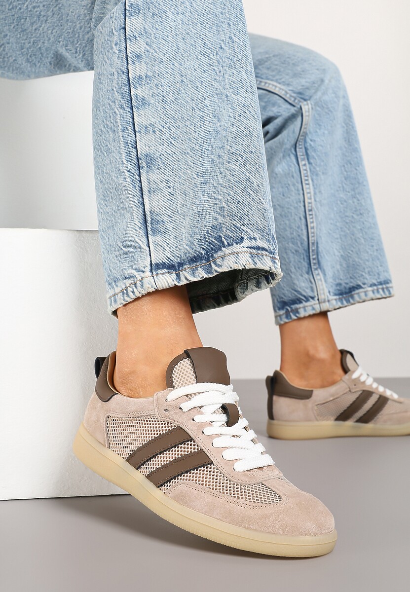 Beżowo-Brązowe Sneakersy w Stylu Tenisówek ze Skóry Naturalnej z Paskami Ilimrela 2