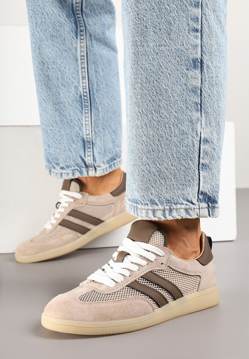 Beżowo-Brązowe Sneakersy w Stylu Tenisówek ze Skóry Naturalnej z Paskami Ilimrela 3