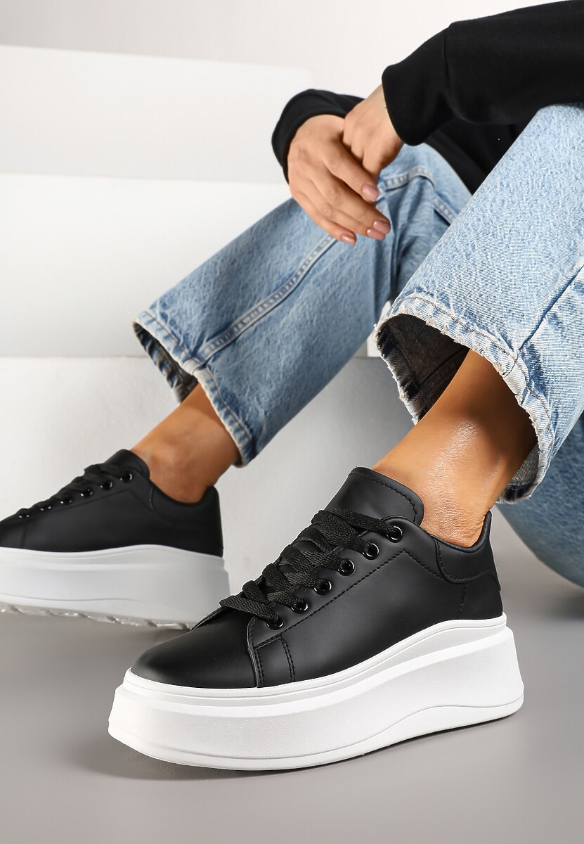 Czarne Sznurowane Sneakersy na Niskiej Platformie z Imitacji Skóry Ajanfa 1
