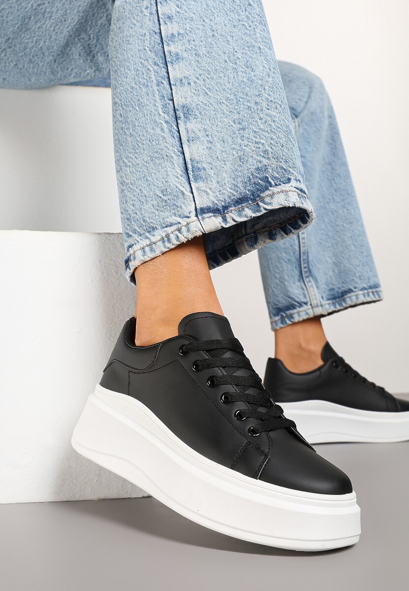 Czarne Sznurowane Sneakersy na Niskiej Platformie z Imitacji Skóry Ajanfa 2