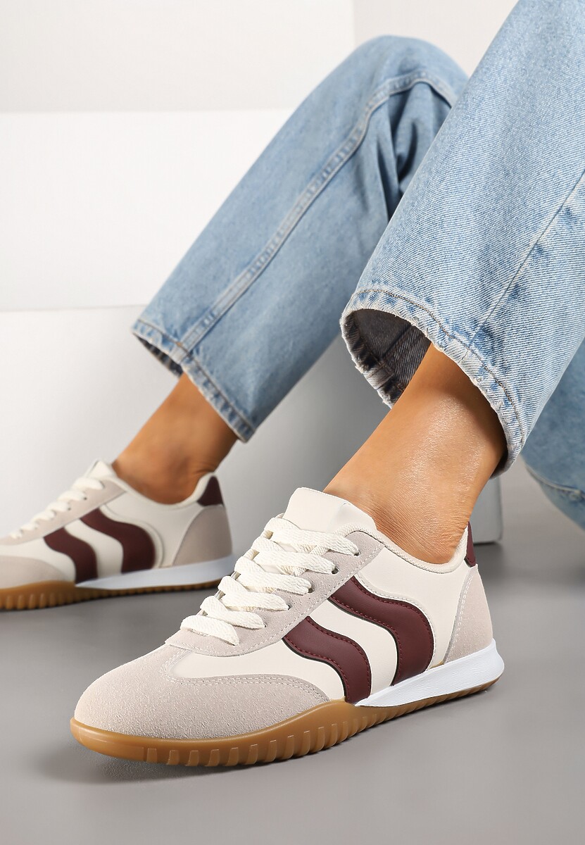 Beżowo-Bordowe Sneakersy Kultowe Tenisówki Zdobione Przeszyciami Welluria 1