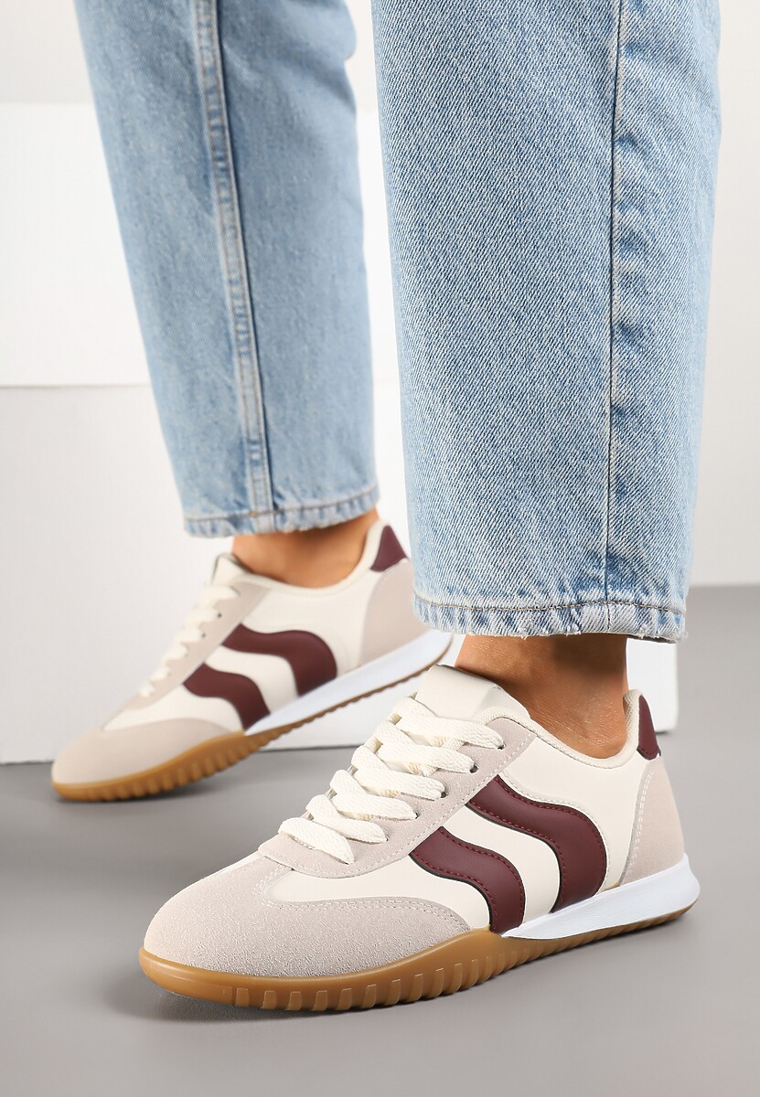 Beżowo-Bordowe Sneakersy Kultowe Tenisówki Zdobione Przeszyciami Welluria 3
