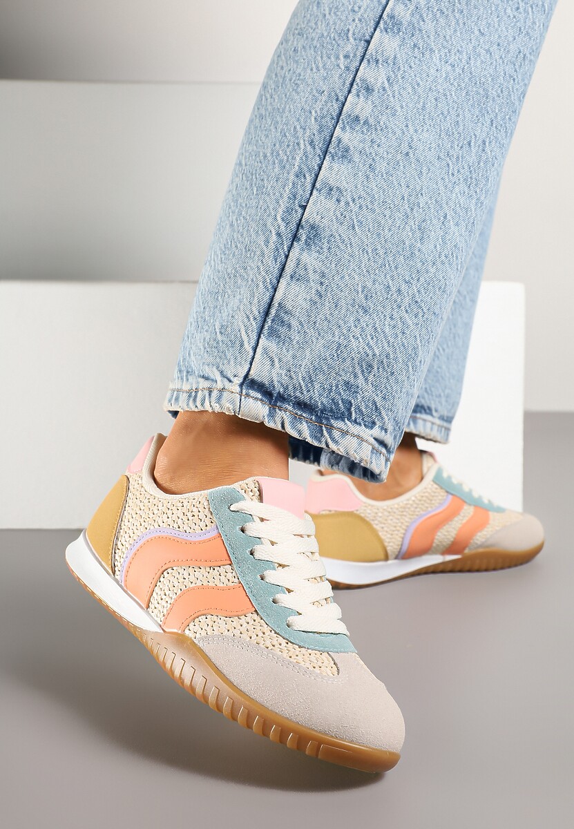 Beżowo-Pomarańczowe Sneakersy z Geometrycznym Motywem i Plecionką Laniffia 1