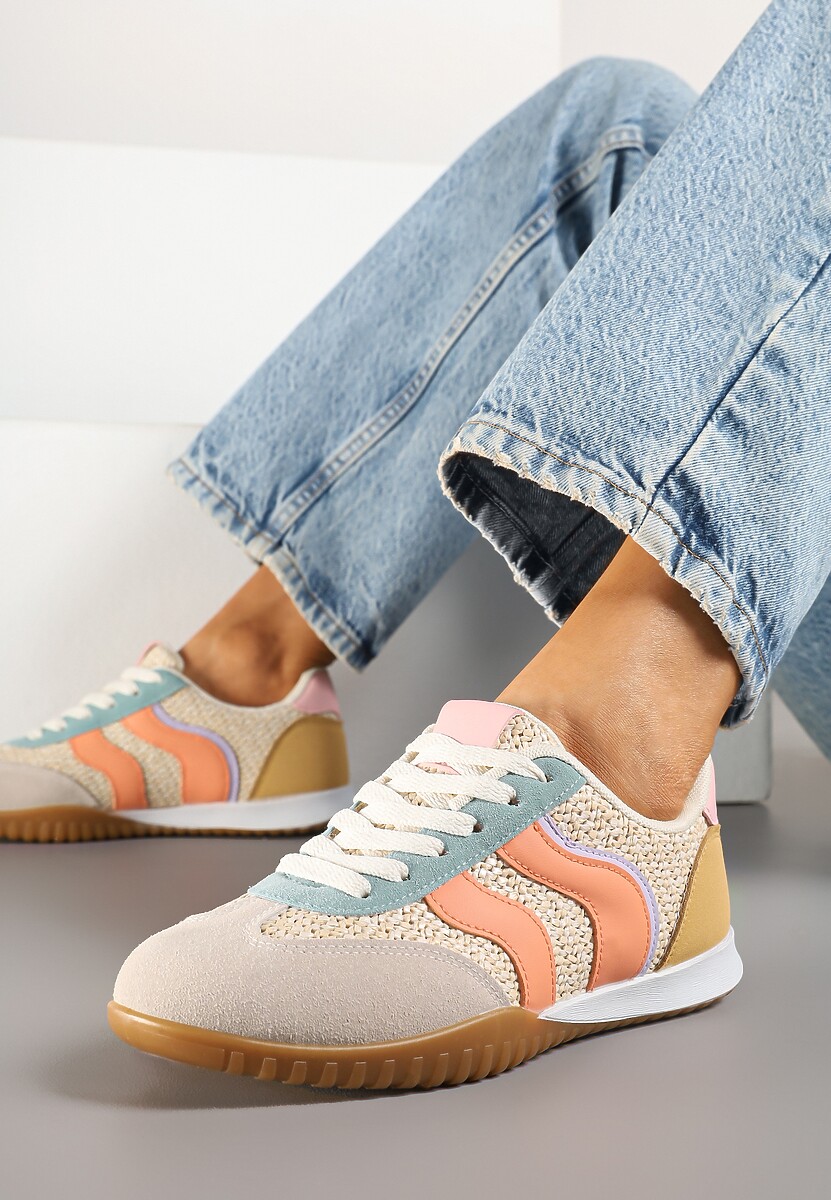 Beżowo-Pomarańczowe Sneakersy z Geometrycznym Motywem i Plecionką Laniffia 2