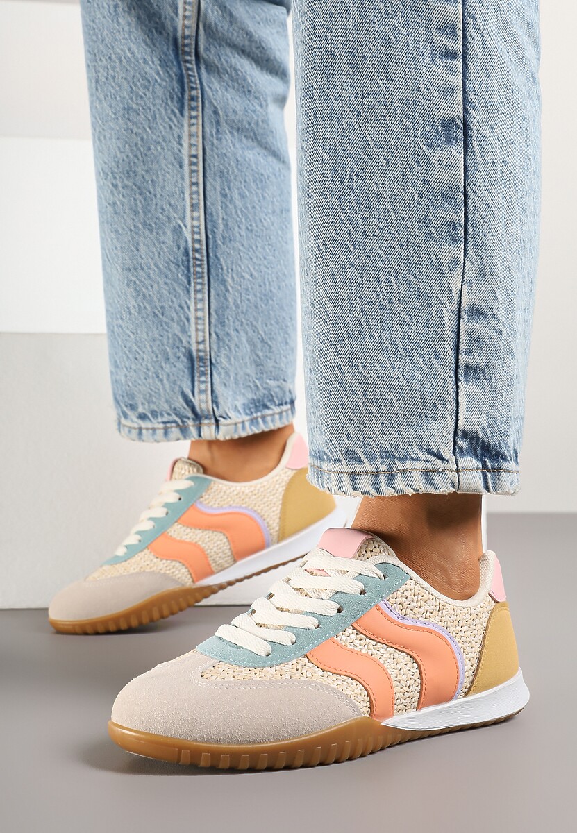 Beżowo-Pomarańczowe Sneakersy z Geometrycznym Motywem i Plecionką Laniffia 3