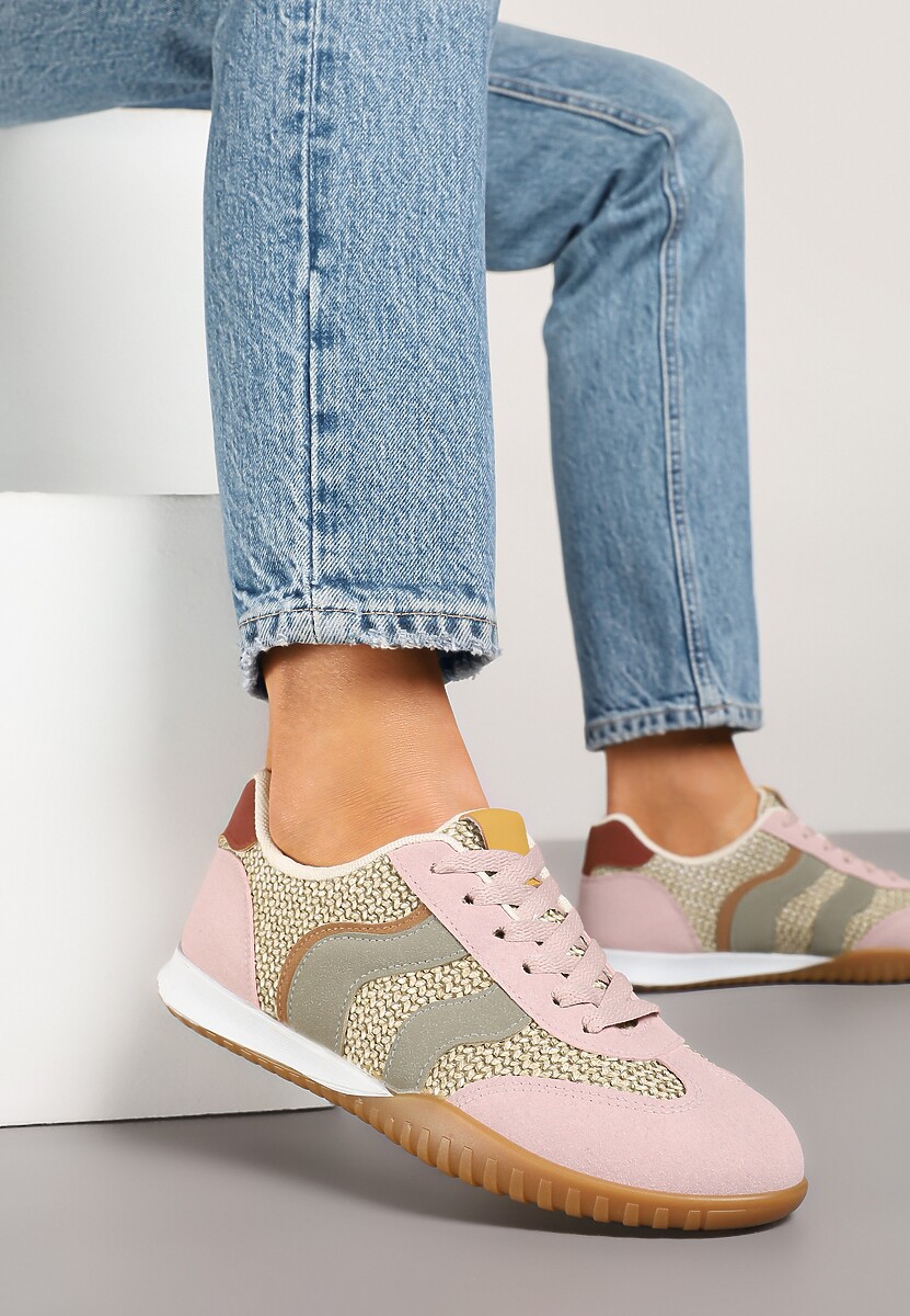 Różowo-Zielone Sneakersy z Geometrycznym Motywem i Plecionką Laniffia 1