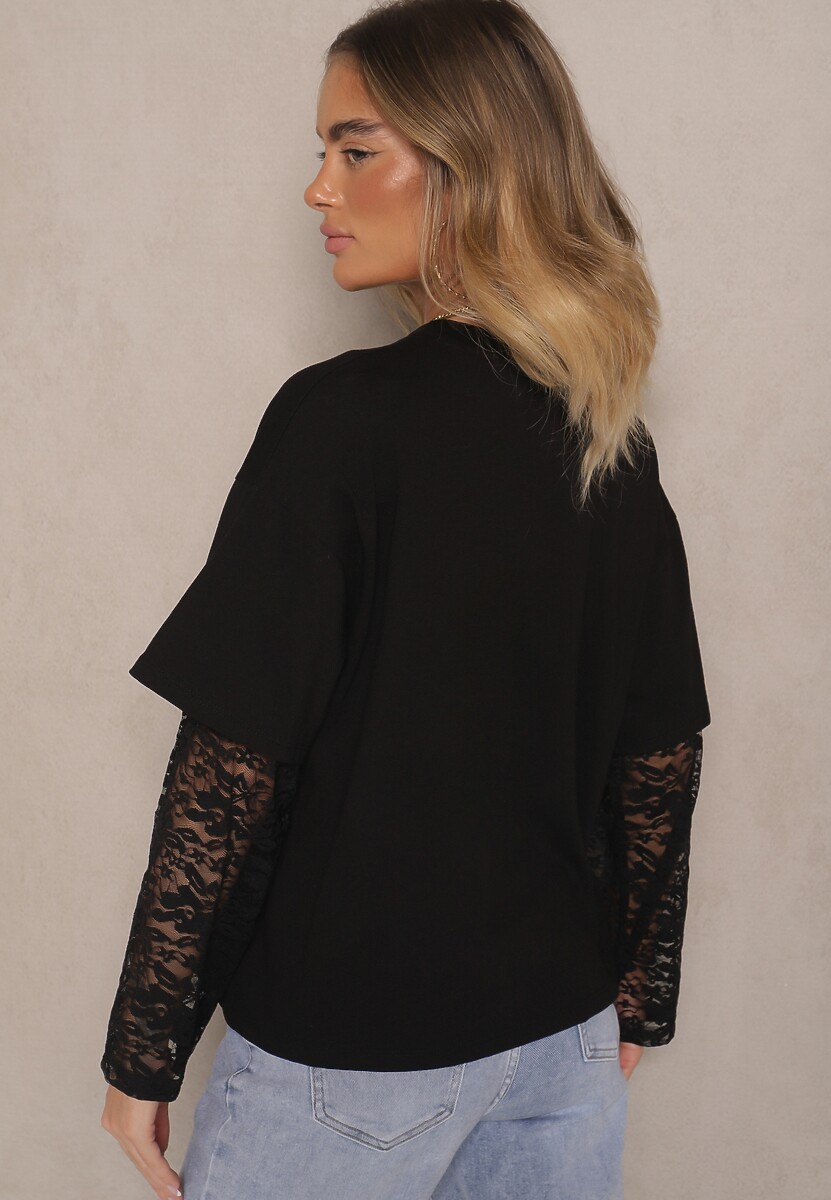 Czarna Bluzka T-shirt o Kroju Oversize z Rękawami z Koronki Dillifia 3