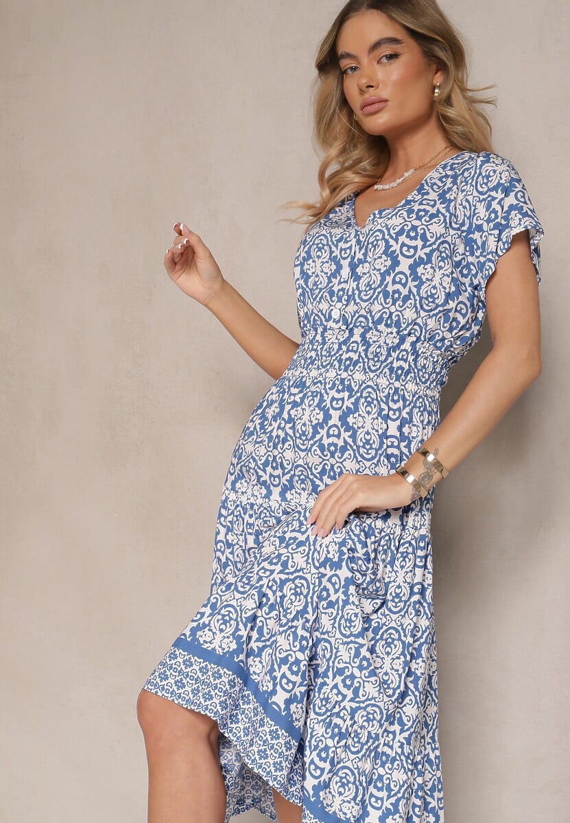 Niebieska Rozkloszowana Sukienka z Bawełny w Print Paisley Lanarisa 1