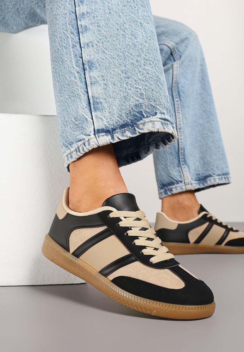 Czarno-Beżowe Sneakersy Sportowe przed Kostkę z Ozdobnymi Paskami Zonevia 2