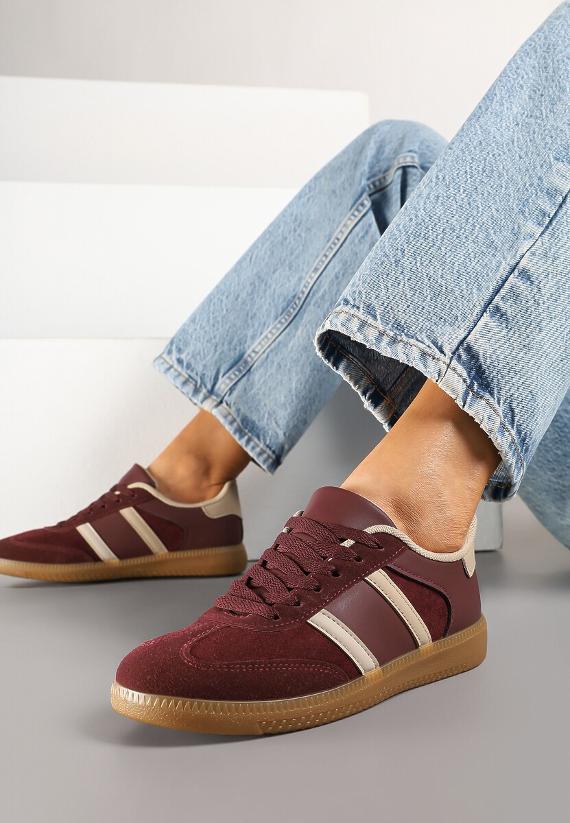 Bordowe Sneakersy Sportowe przed Kostkę z Ozdobnymi Paskami Zonevia 1