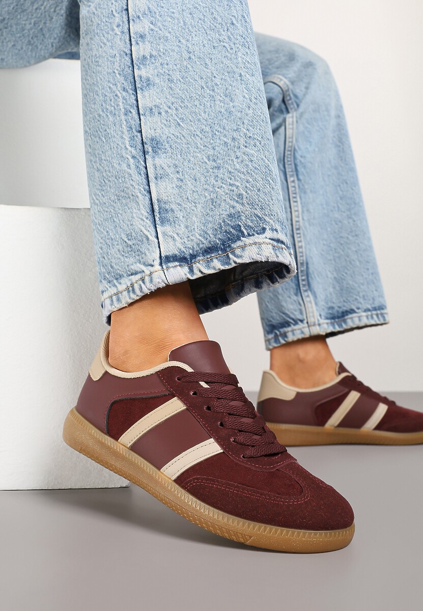 Bordowe Sneakersy Sportowe przed Kostkę z Ozdobnymi Paskami Zonevia 2