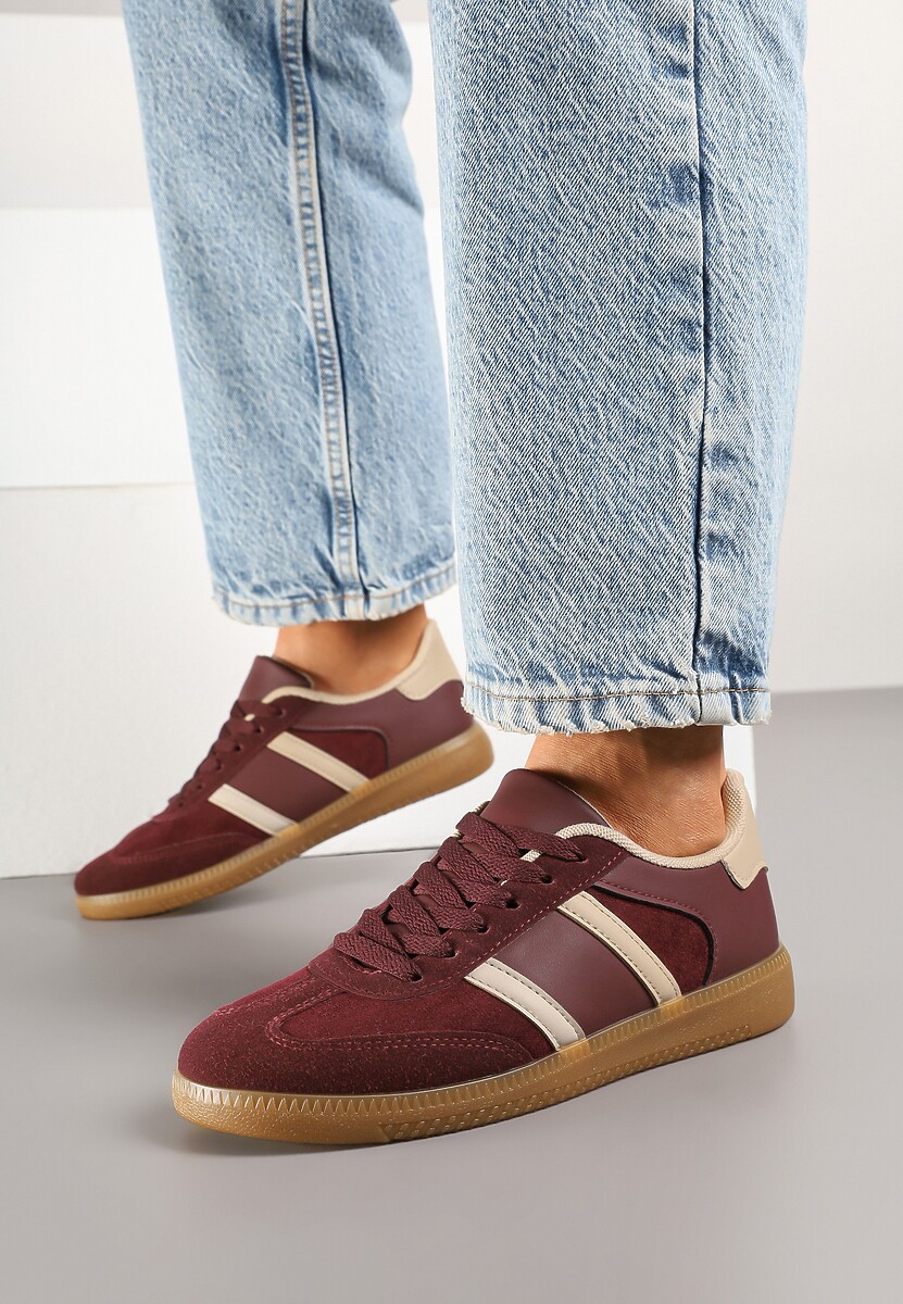 Bordowe Sneakersy Sportowe przed Kostkę z Ozdobnymi Paskami Zonevia 3