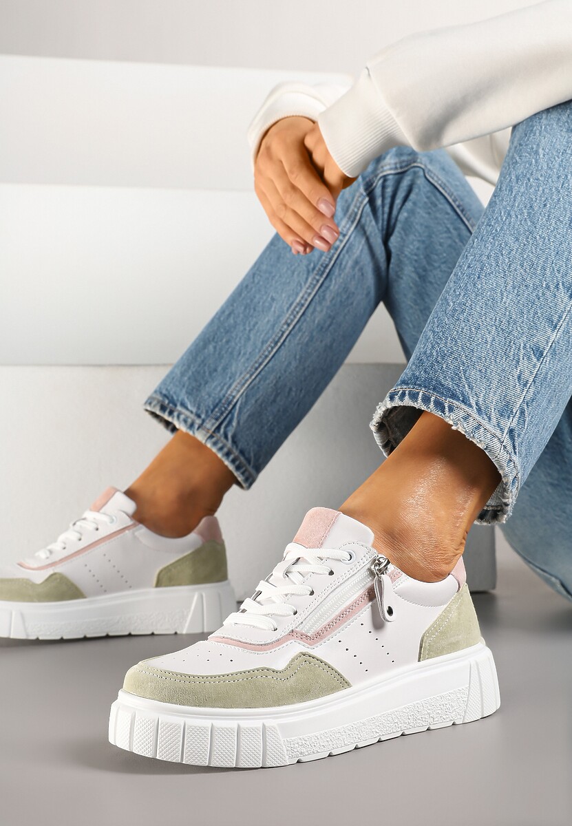 Biało-Zielone Streetwearowe Sneakersy ze Skóry Naturalnej z Ozdobnym Suwakiem Eleavenna 1