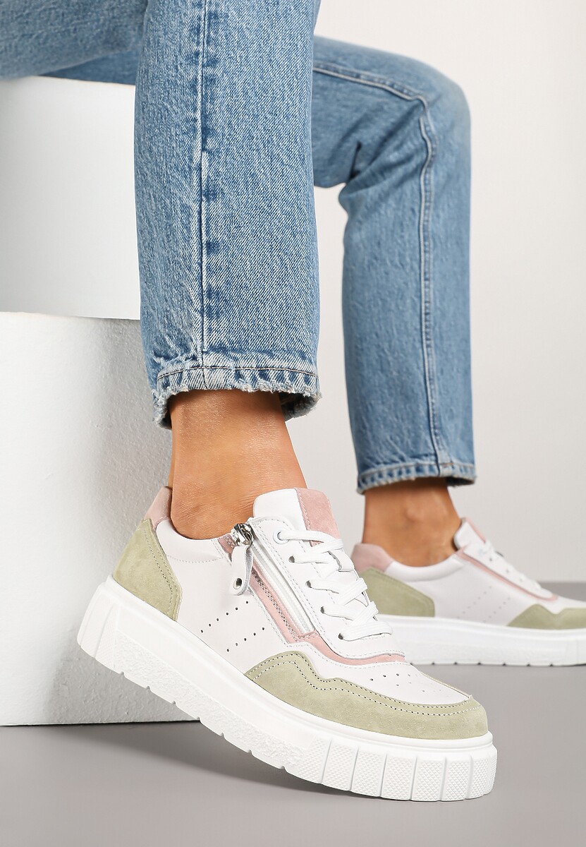 Biało-Zielone Streetwearowe Sneakersy ze Skóry Naturalnej z Ozdobnym Suwakiem Eleavenna 2