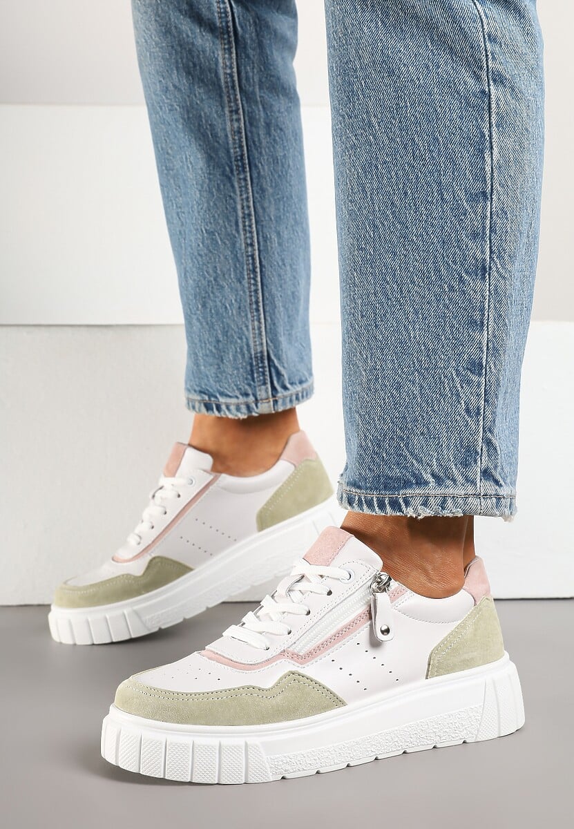 Biało-Zielone Streetwearowe Sneakersy ze Skóry Naturalnej z Ozdobnym Suwakiem Eleavenna 3