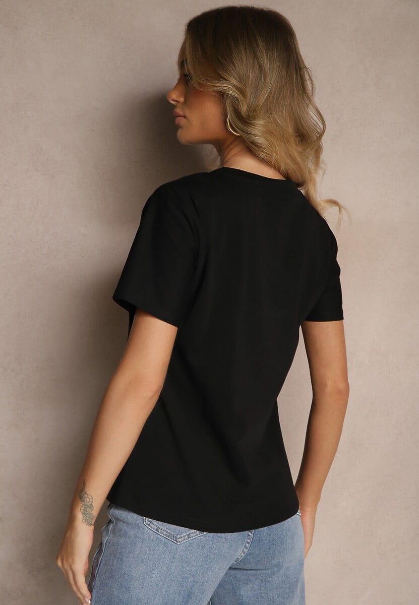 Czarny Bawełniany T-shirt z Kokardą 3D i Nadrukiem Tortu Sanaviela 3