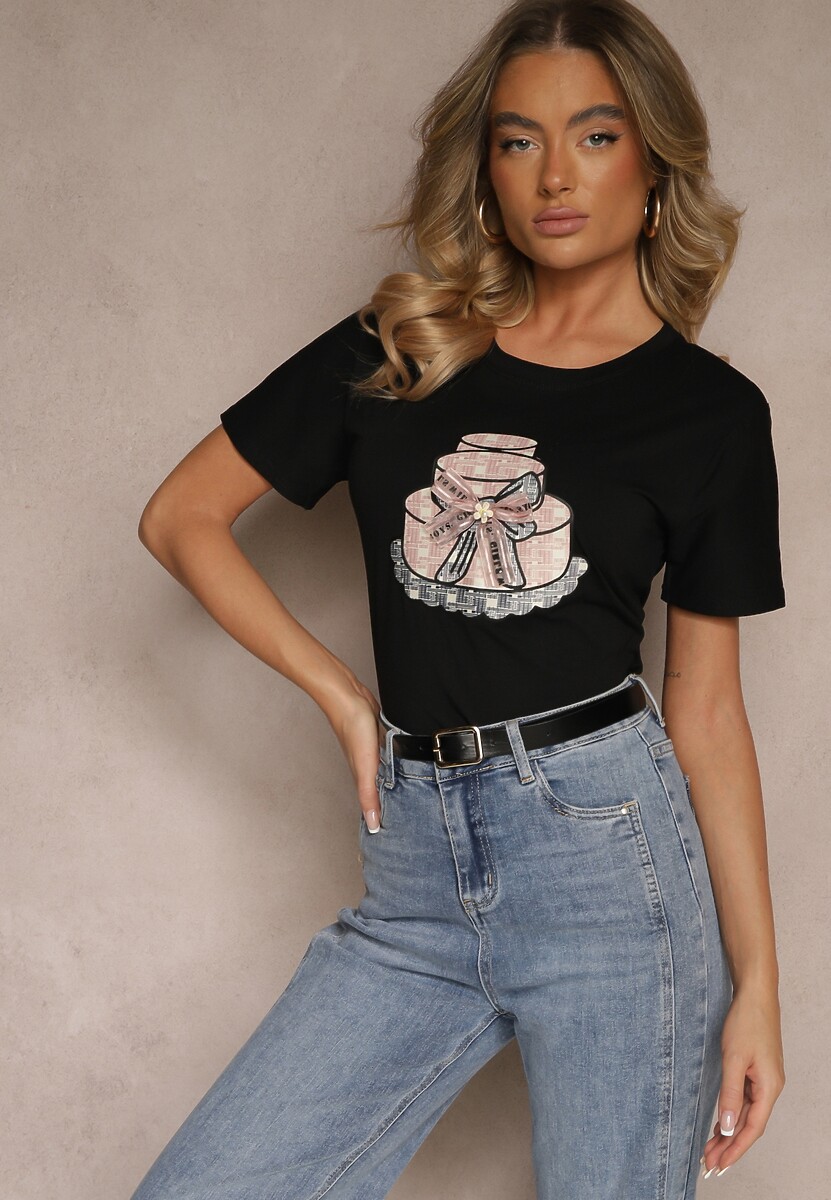 Czarny Bawełniany T-shirt z Kokardą 3D i Nadrukiem Tortu Sanaviela 1