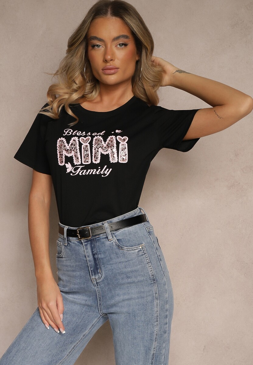 Czarny T-shirt z Bawełny Ozdobione Koralikami Cekinami i Napisem Sanariala 1
