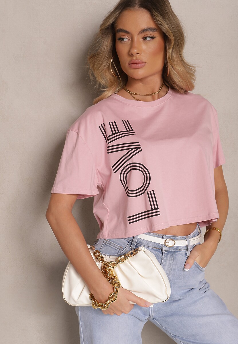 Różowy T-shirt z Bawełny o Krótkim Kroju Ozdobiony Napisem Sannovia 2