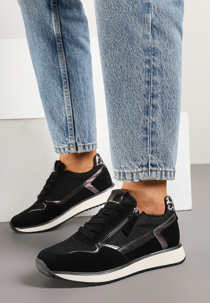 Czarne Sneakersy Ozdobione Suwakiem i Metalicznymi Wstawkami Alua 1