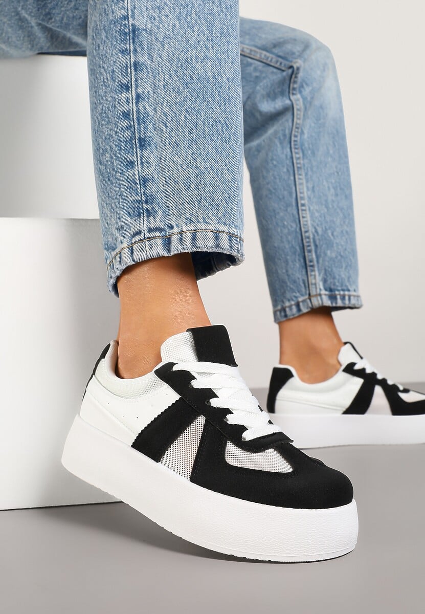 Czarno-Białe Sneakersy Typu Kultowe Tenisówki na Grubej Podeszwie Nanessa 1