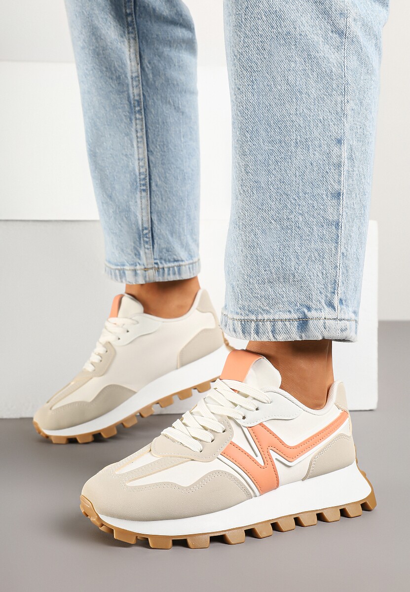 Beżowo-Pomarańczowe Sneakersy Ozdobione Geometrycznym Motywem Aluthia 1